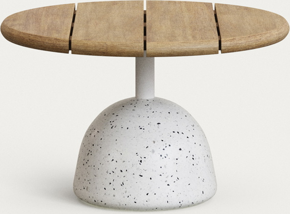 Udendørs Bord Kave Home Saura Natur Hvid Rund Sofabord Sidebord Acaciatræ Med Hvid Terrazzo Base ø55 H35 Cm