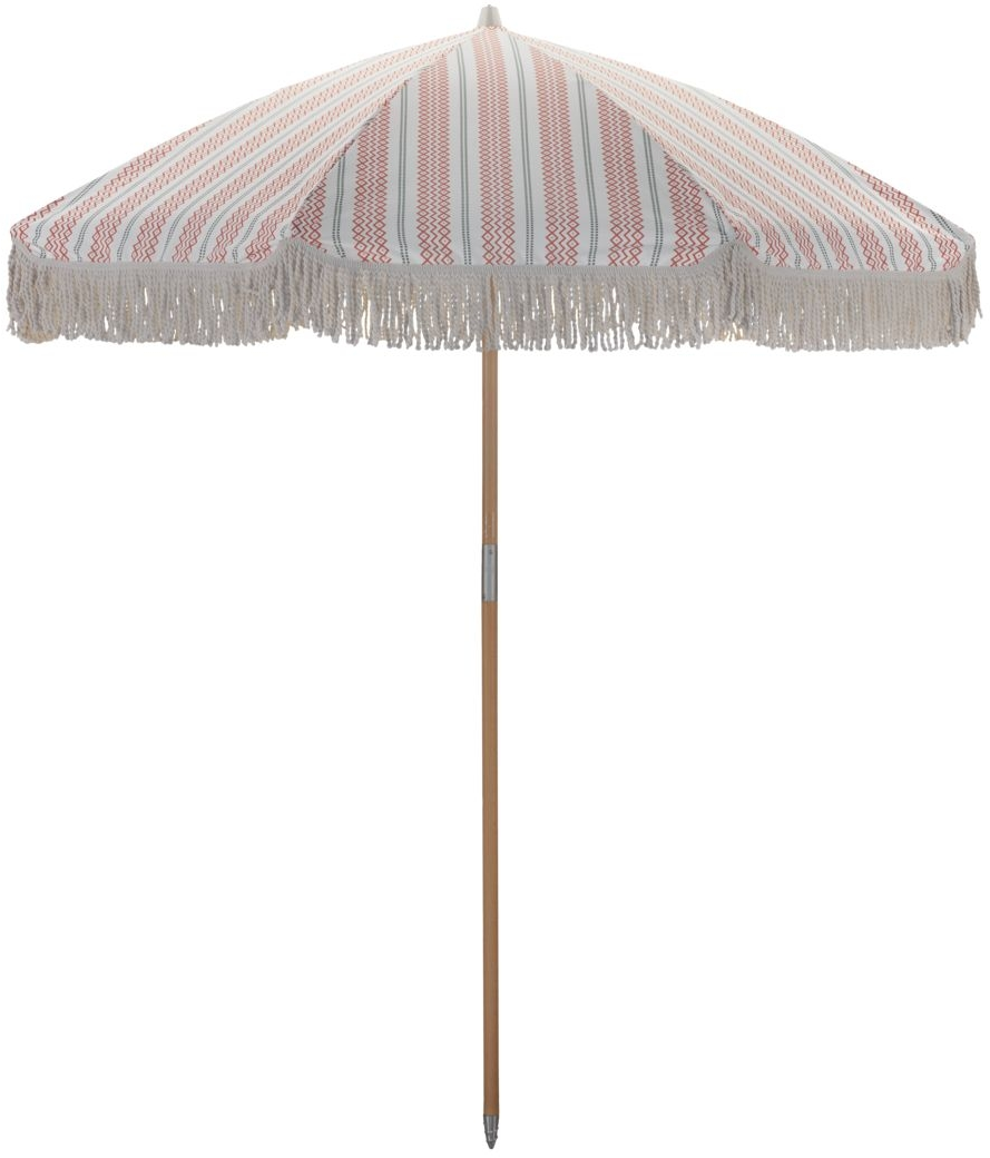 Udendørs Fritstående Parasol House Doctor Umbra Med Frynser Rød Grøn ø190 Cm H230 Cm Polyester Bøgetræ
