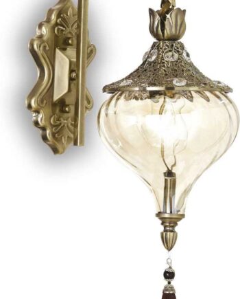 Væglampe Ideal Lux Harem Antik Messing Med Krystaller  Ravfarvet Blæst Glas ø160 Og Kvast Vedhæng