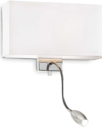 Væglampe Ideal Lux Hotel Ap2 Med Justerbar Led-læselampe  Stofskærm Og Satin Glas Diffuser Hvid Krom