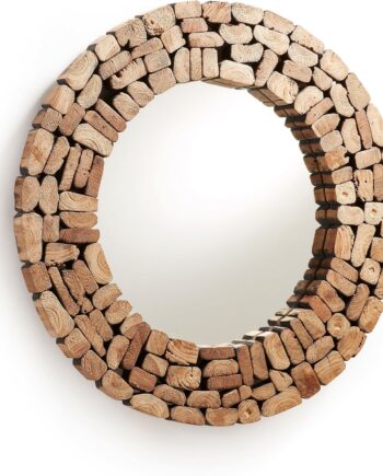 Vægspejl Kave Home Eliptic ø80 Cm   Rundt Rustikt Spejl Med Mosaikramme   Teaktræ   Natur