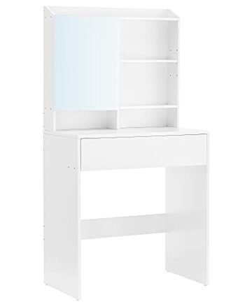 Vasagle Makeupbord     Spejl    Skuffe Og   Hylder Spejlglas Og Hvid Spånplade  70x40