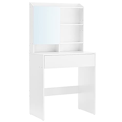 Vasagle Makeupbord Spejl Skuffe Og Hylder Spejlglas Og Hvid Spånplade 70x40