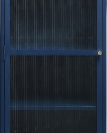 Vitrineskab Nordique Design Bronco Stålblå Metal Med Glasfront Og Gulddetaljer H160xb58xd40 Cm
