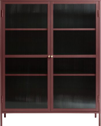 Vitrineskab Nordique Design Bronco Vinrød H140ã B111ã D40 Cm Justérbare Hylder  Ridsede Glasdøre Og Guldhåndtag