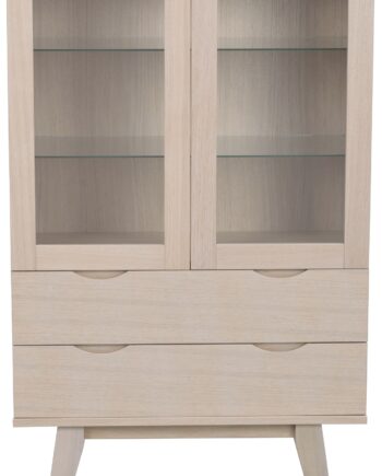Vitrineskab Rowico Filippa Hvidkalket Egetræ Matlakeret 140x81x40 Cm Med Justerbare Hærdede Glashylder Og Soft-close Skuffer