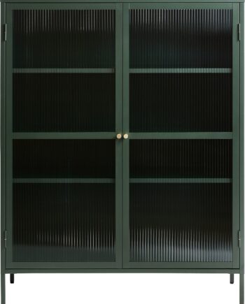 Vitrineskab Unique Furniture Bronco H140ã B111ã D40 Cm Grøn Stål Og Rillet Glas Med Guldfarvede Håndtag