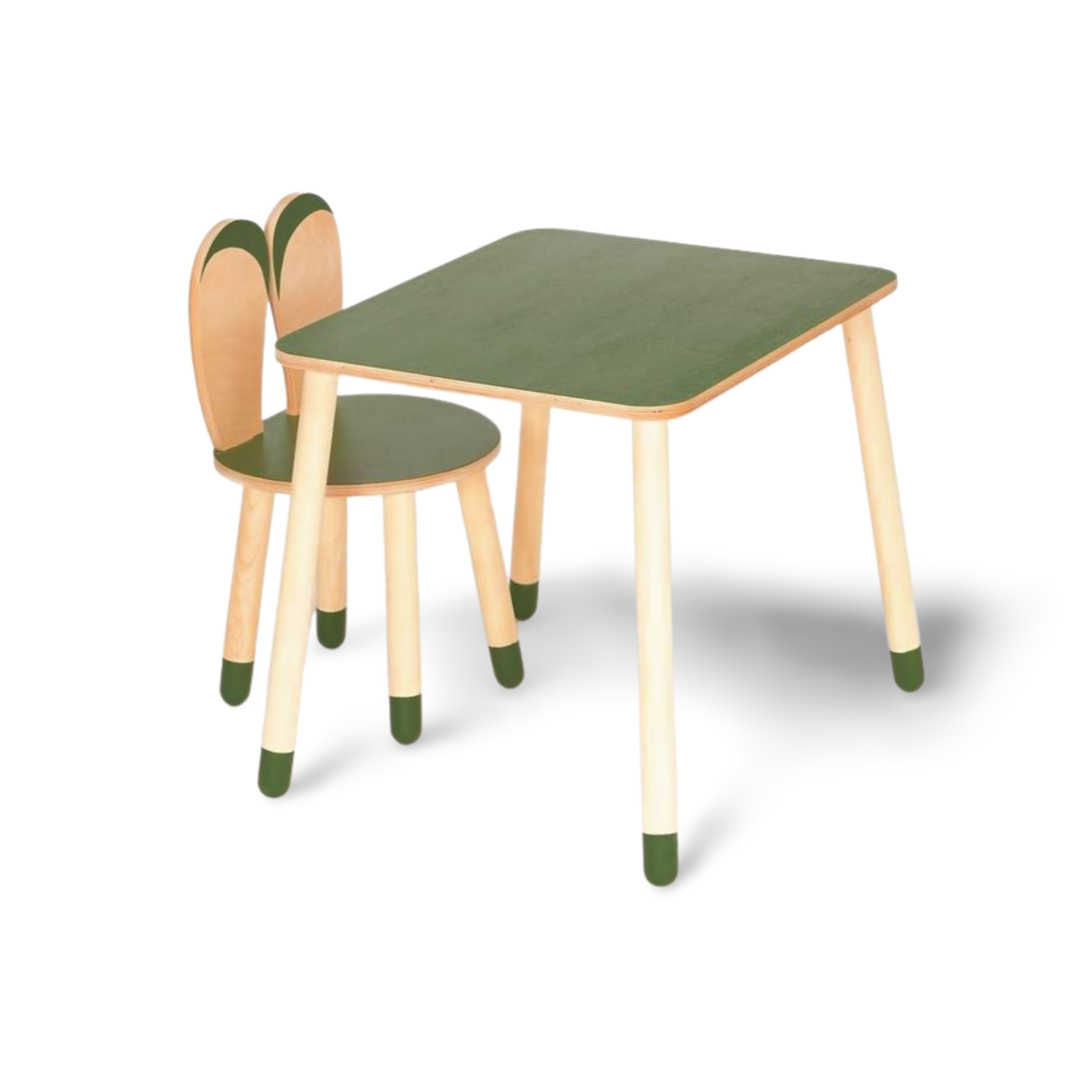 Bord Og Stol Til Barn Med Nuttet Kaninøre-design  Træ  Khaki