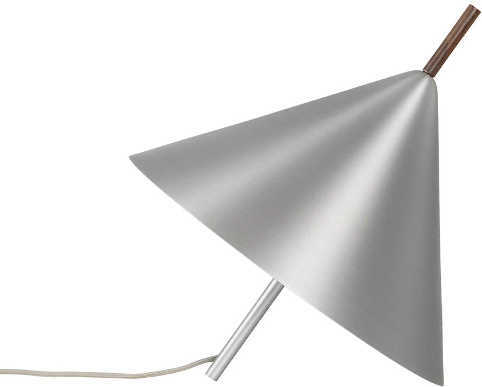 Bordlampe Kristina Dam Cone Skulpturel Snurretop   Børstet Aluminium   Massivt Valnød ø40   H40 Cm Sølv