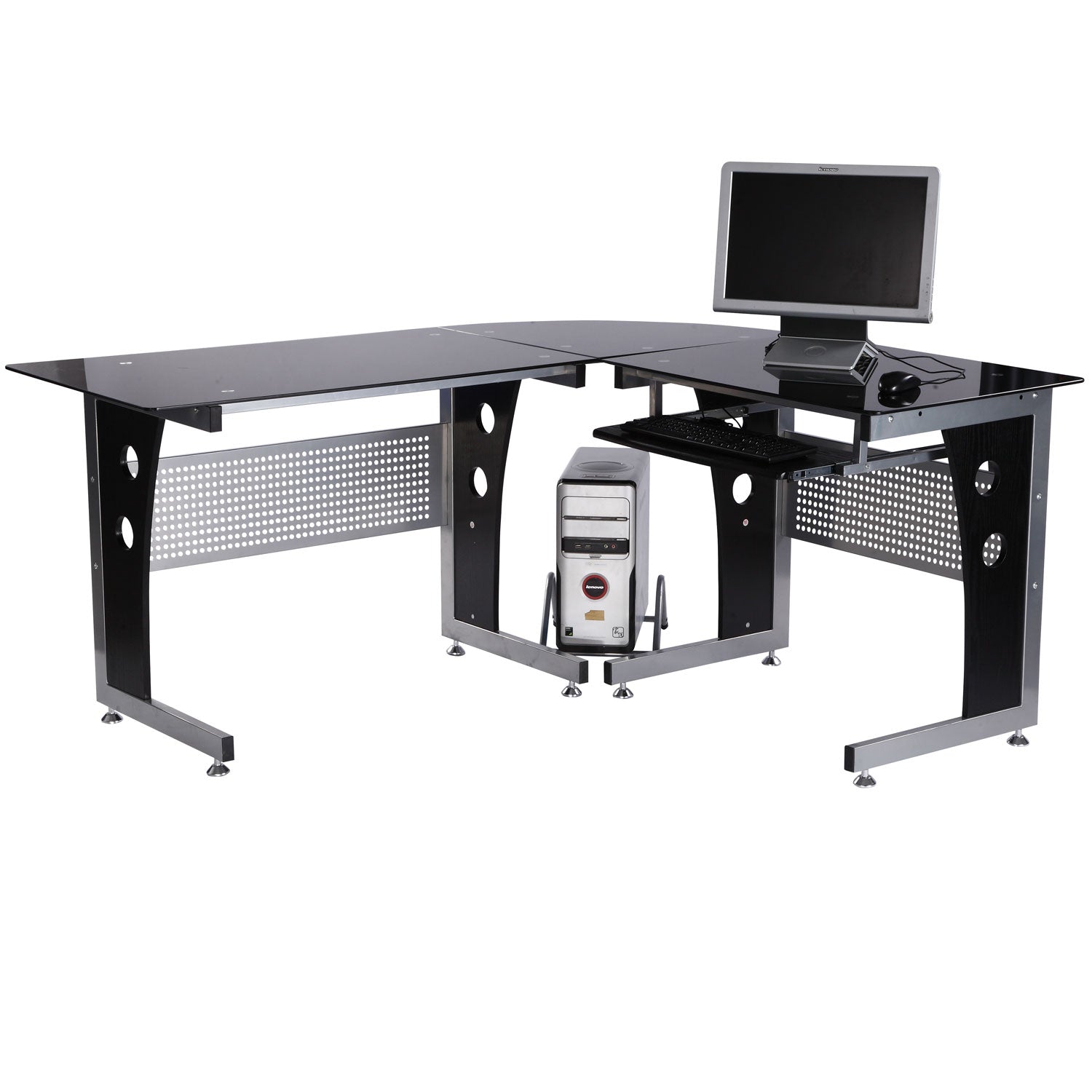 Computerbord Hjørnebord Kontorbord Pc-bord Med Sort Sikkerhedsglas  -formet 164x139x75 Cm