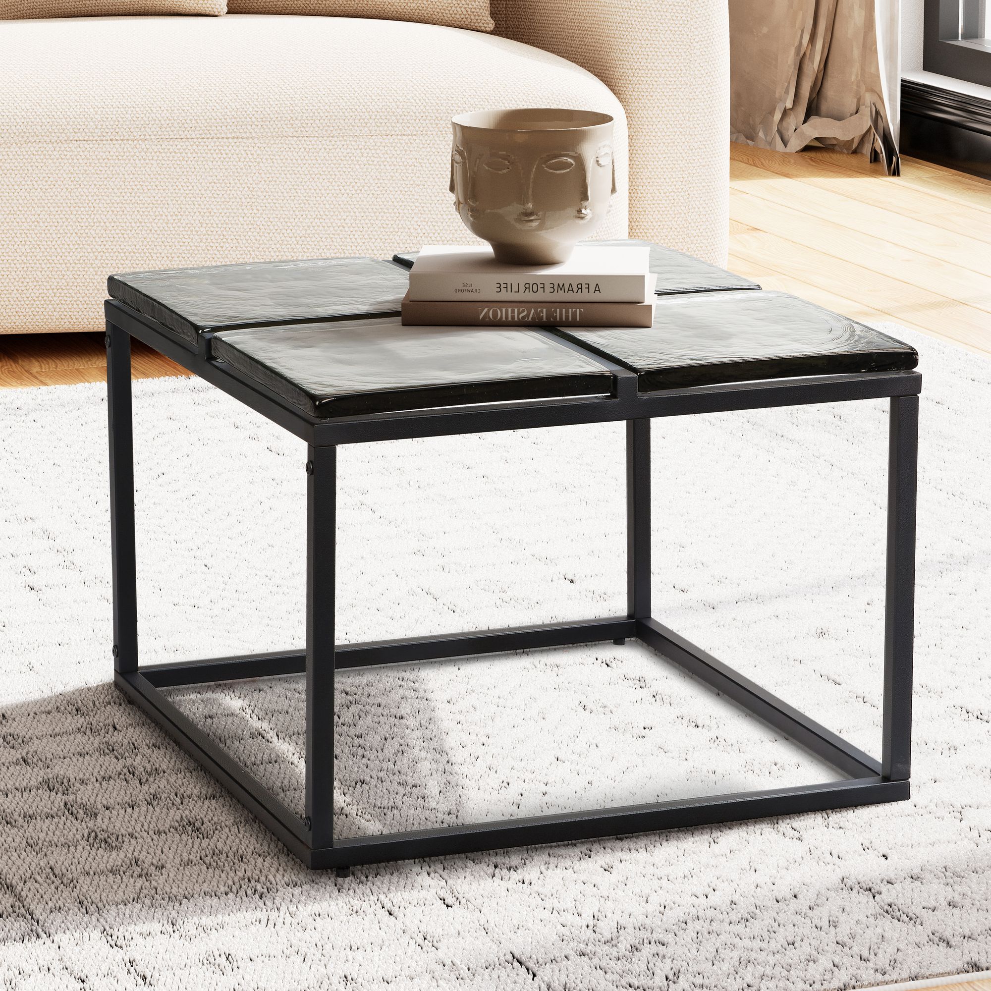 Elegant  Firkantet Sofabord   Sort Glas Med Mat Sort Metalstel  58x58x43   Cm