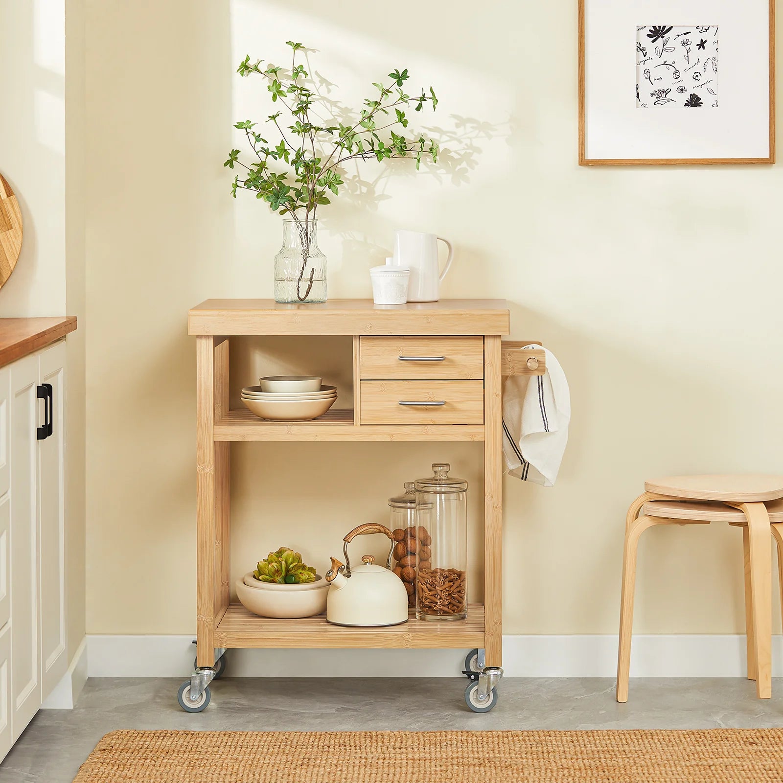 Elegant Køkkenvogn   Bambus  L73   B45   H92 Cm  Naturfarvet