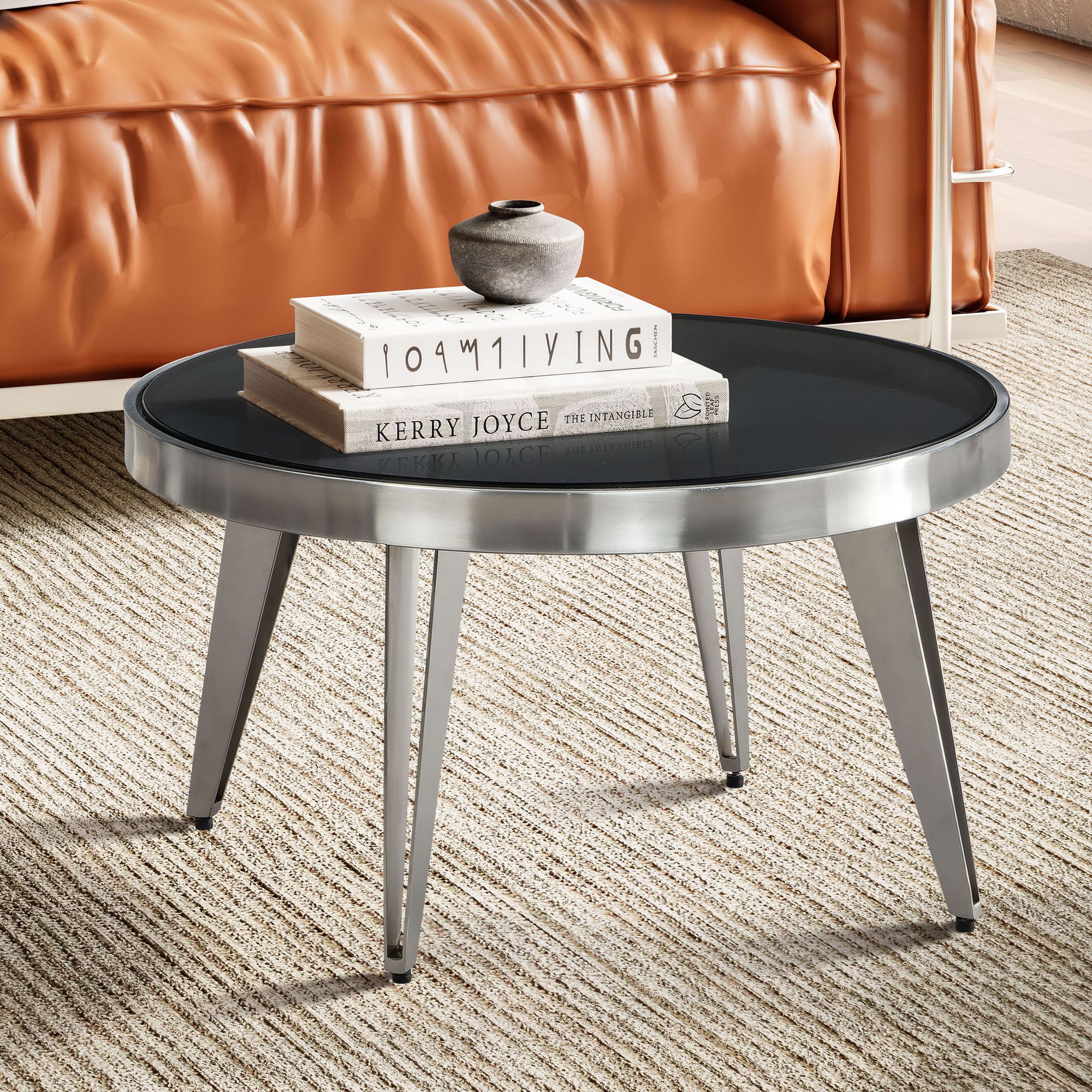 Elegant  Rundt Sofabord   Klart Glas Med Sølvfarvet Metalstel  60x60x33 Cm