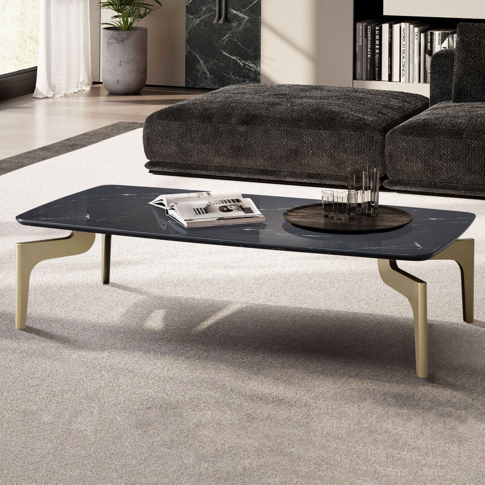 Elegant Sofabord   Sort Marmorlook Med Gyldne Detaljer  120x60x30   Cm