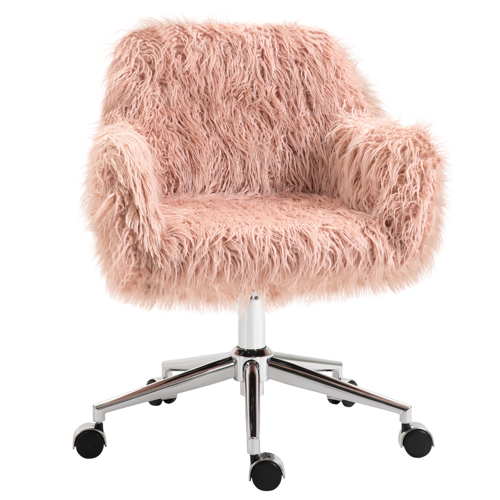 Executive Chair Drejestol Computerstol Makeupstol Med Kunstpels Sædehøjdejustering Til Piger Kunstpelsskum Pink Sølv 57   60   75-85 Cm