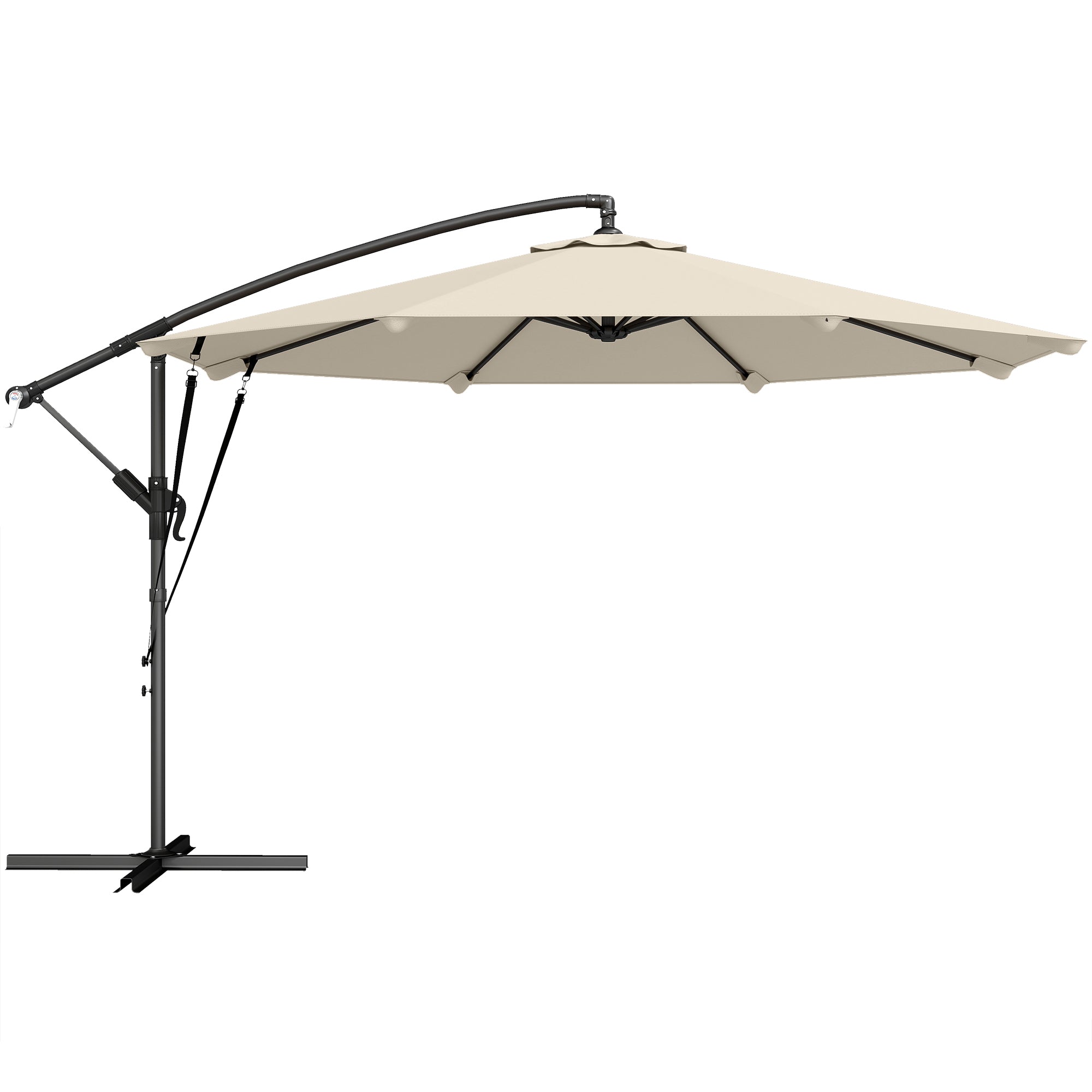 Fritstående Parasol Ca  ø300 Cm  Vipbar  Med Håndsving  Krydsfod  Vindreb Og Beskyttelsesovertræk  Cremehvid