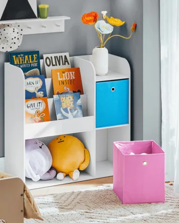 Funktionel Børnereol  God Til Billedbøger  B35x H87xl89 Cm  Hvid Med Farvede Kasser