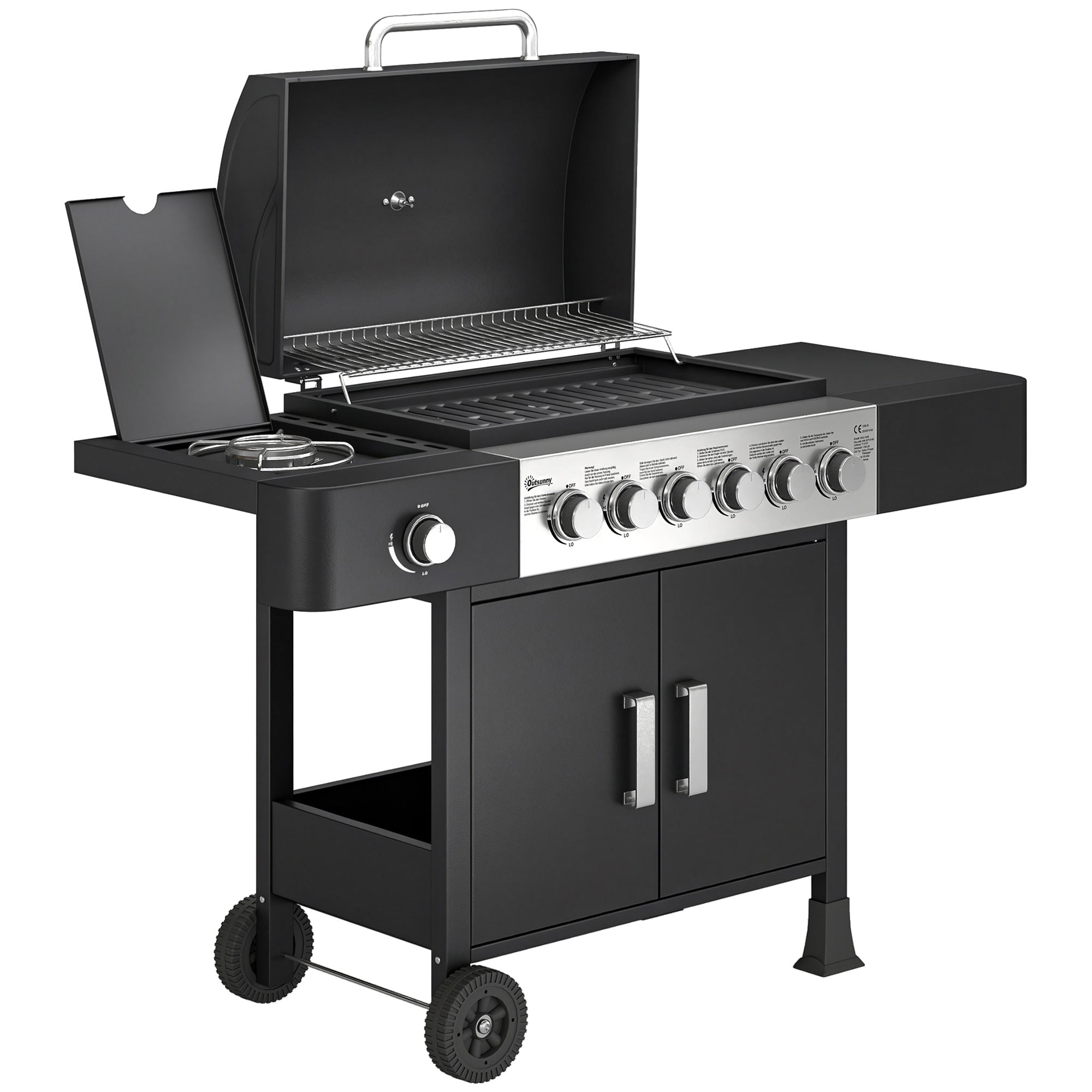 Gasgrill 17 Kw Brænder Bbq Grillvogn Lavet Af Rustfrit Stål Inklusive Hjul Sidebrænder Termometer Emaljeret Grillrist