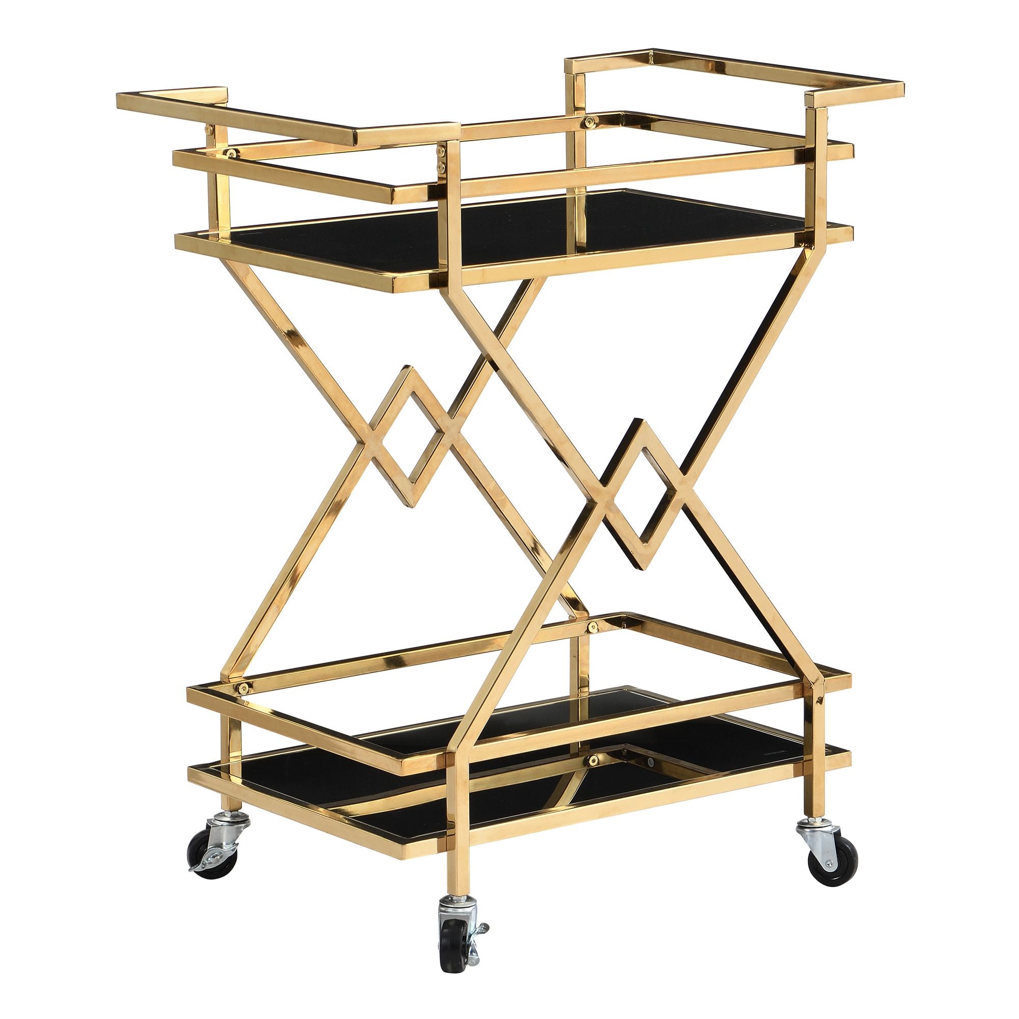 Guld Serveringsvogn Med Glashylder 65x80x40 Cm  Moderne Barvogn På Hjul  Designer Drikkevare- Og Tevogn  Metal  Sort Og Guld  Til Stue  Køkken  Spisestue  Multifunktionel Rullevogn