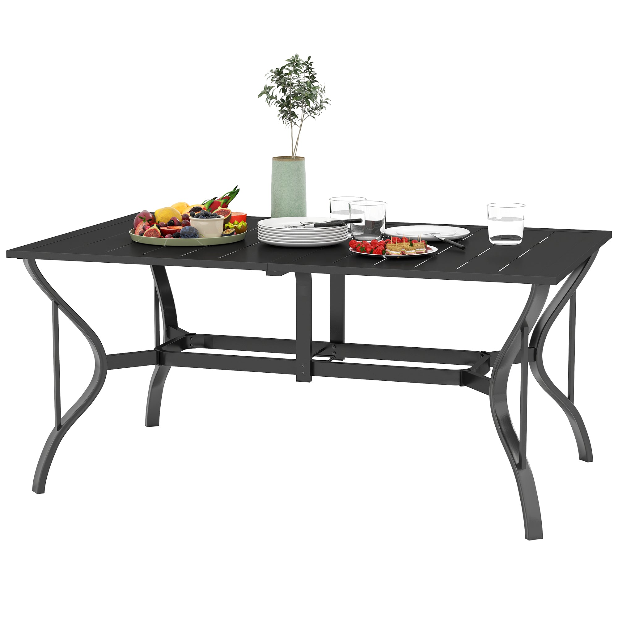 Havebord Stål 150x90 Cm Vejrbestandigt Balkonbord Med Parasolhul  Lameldesign Til   Personer Sort