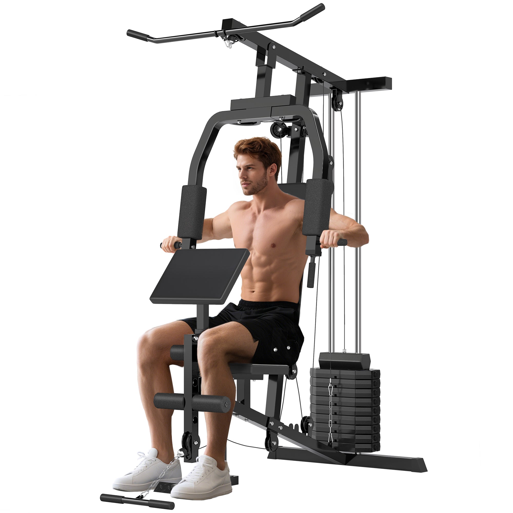 Hjemmegym Med Lat Pulldown  Kabeltræk  Kort Bicepsstang  Brystpres  Bentræner  Butterflymaskine  45 Kg Vægte  Multifunktions Fitnessstation  Sort