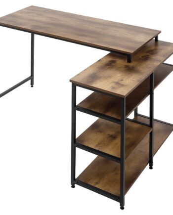 Hjørnebord Vinkelbord Pc-bord Computerbord Kontorbord Hylde Skuffe  -formet Spånplade Metal Rustik Brun 135   90   79 Cm