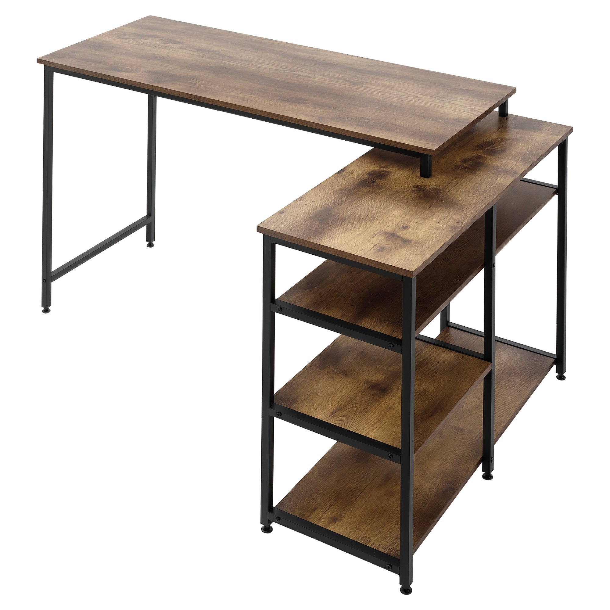 Hjørnebord Vinkelbord Pc-bord Computerbord Kontorbord Hylde Skuffe  -formet Spånplade Metal Rustik Brun 135   90   79 Cm