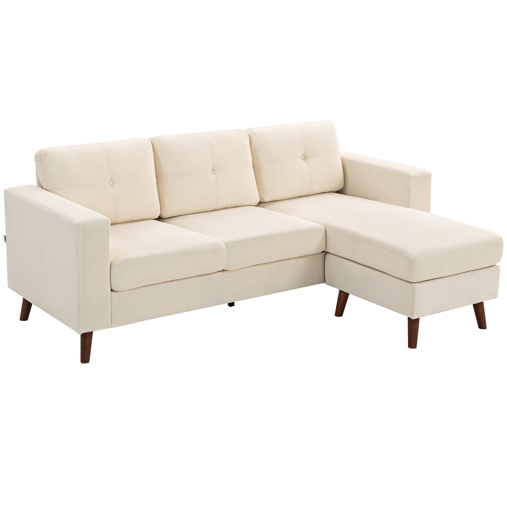 Hjørnesofa 192 Cm -formet -personers Sofa Med Vendbar Chaiselong Corduroy-look Til Små Rum Cremehvid