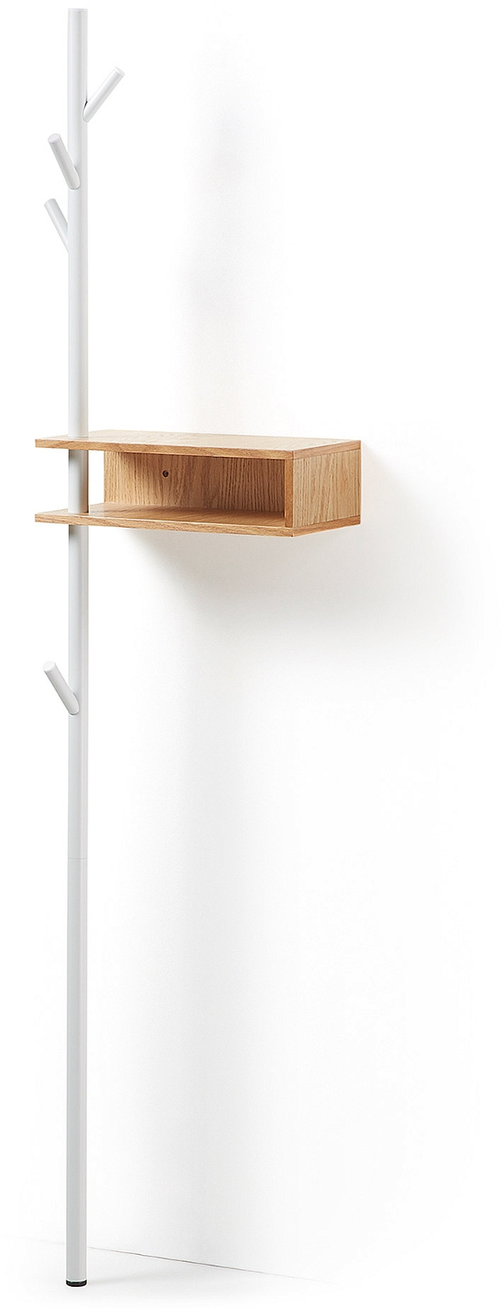Knagerække Kave Home Benny   Nordisk Væghængt Stumtjener   Hvidt Metal Og Mdf Egefiner  H175xb20xd40 Cm
