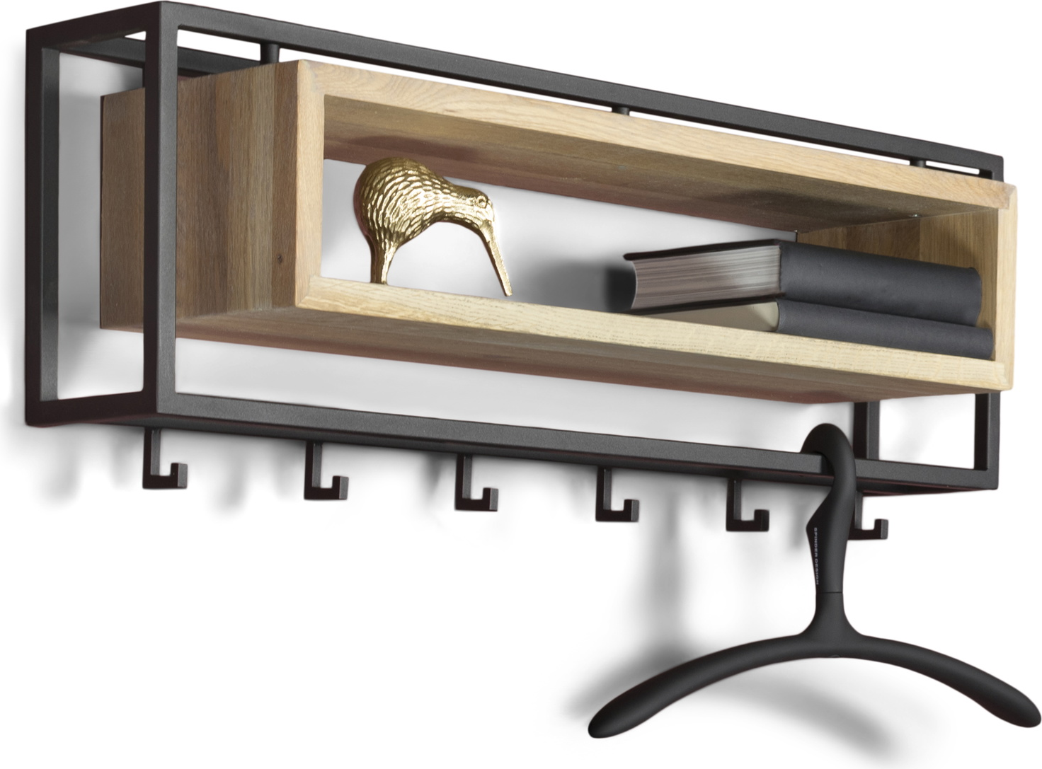 Knagerække Spinder Design School Med Indbygget Trækasse     Kroge  Sort Stål Natur Eg  H29 5xb78xd19 Cm