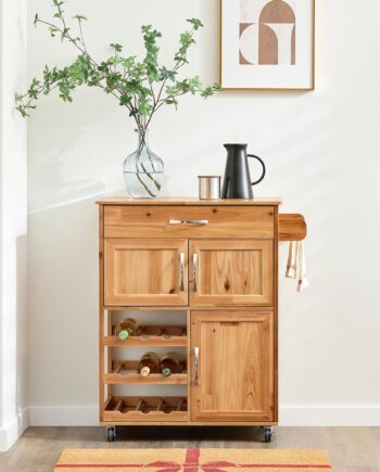 Køkkenvogn Med Hjul Og Vinreol  Vintage Naturfarvet  67x88x37 Cm