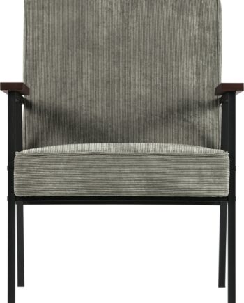 Lænestol Woood Sally   Grågrøn Ribbet Stof Hvilestol Med Sort Metalramme   Brune Træarmlæn  H87xb65xd82 Cm