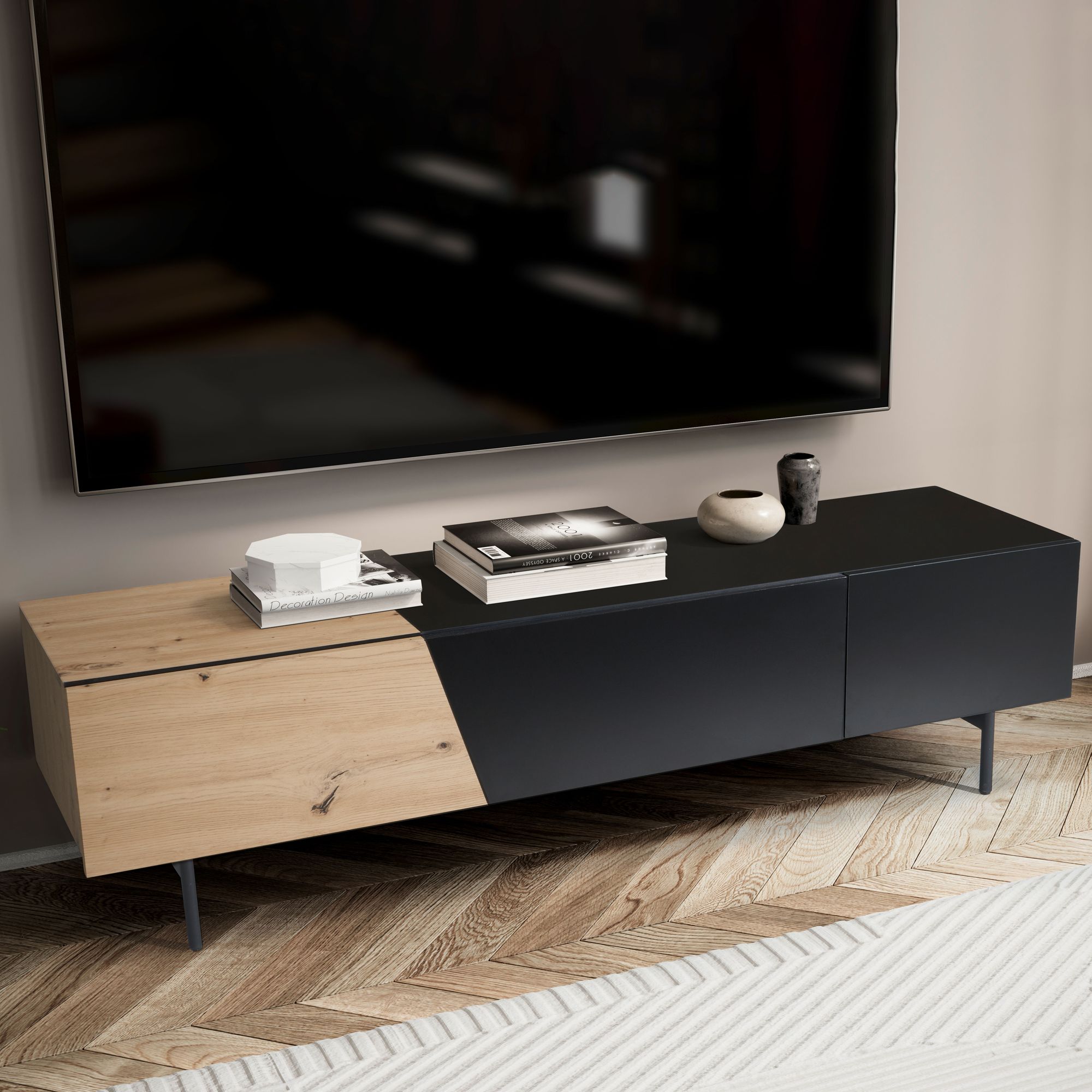 Lavt Tv-bord   Sort Med Egedekor 150x40x40 Cm