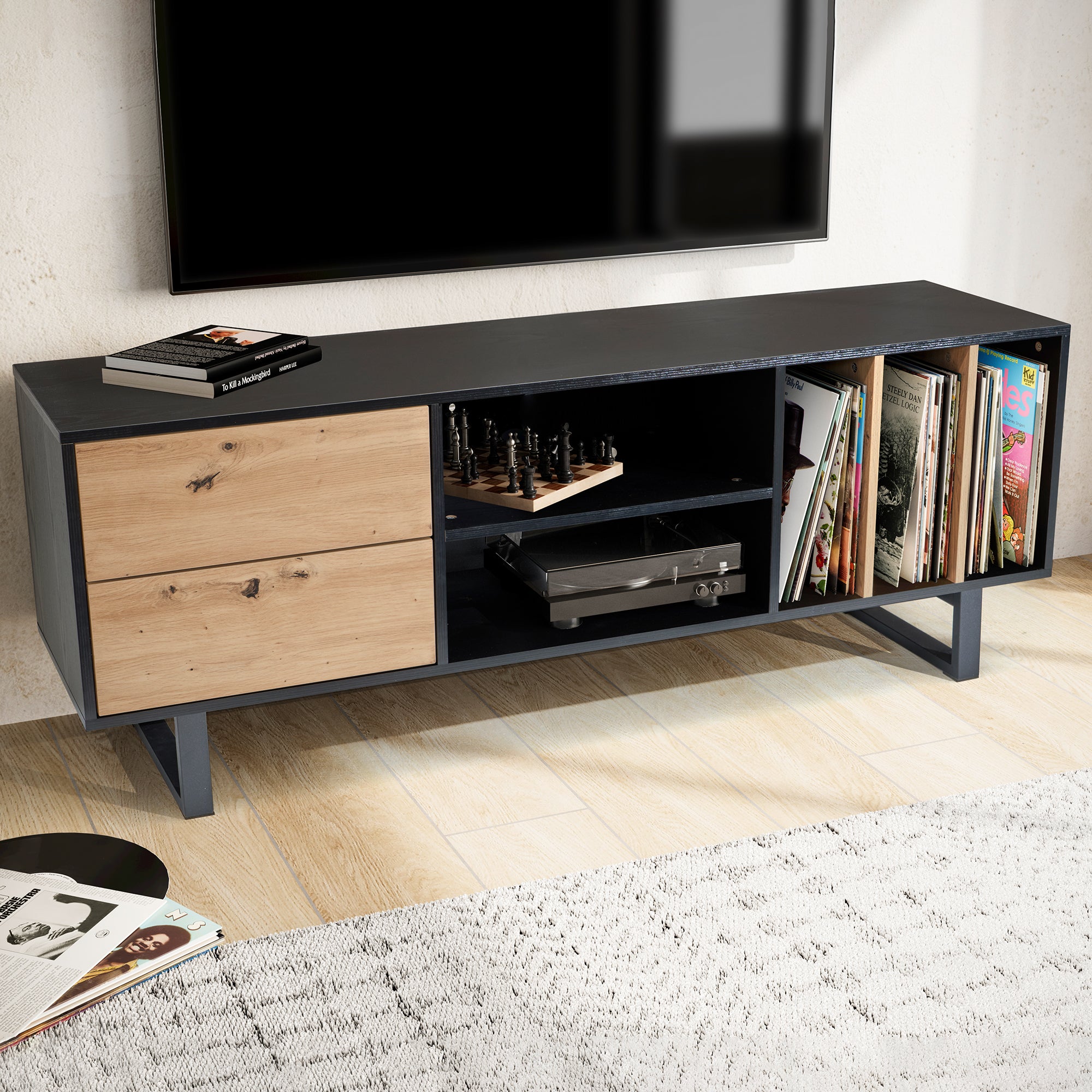 Lavt Tv-bord   Sort Med Egedekor 150x55x40 Cm