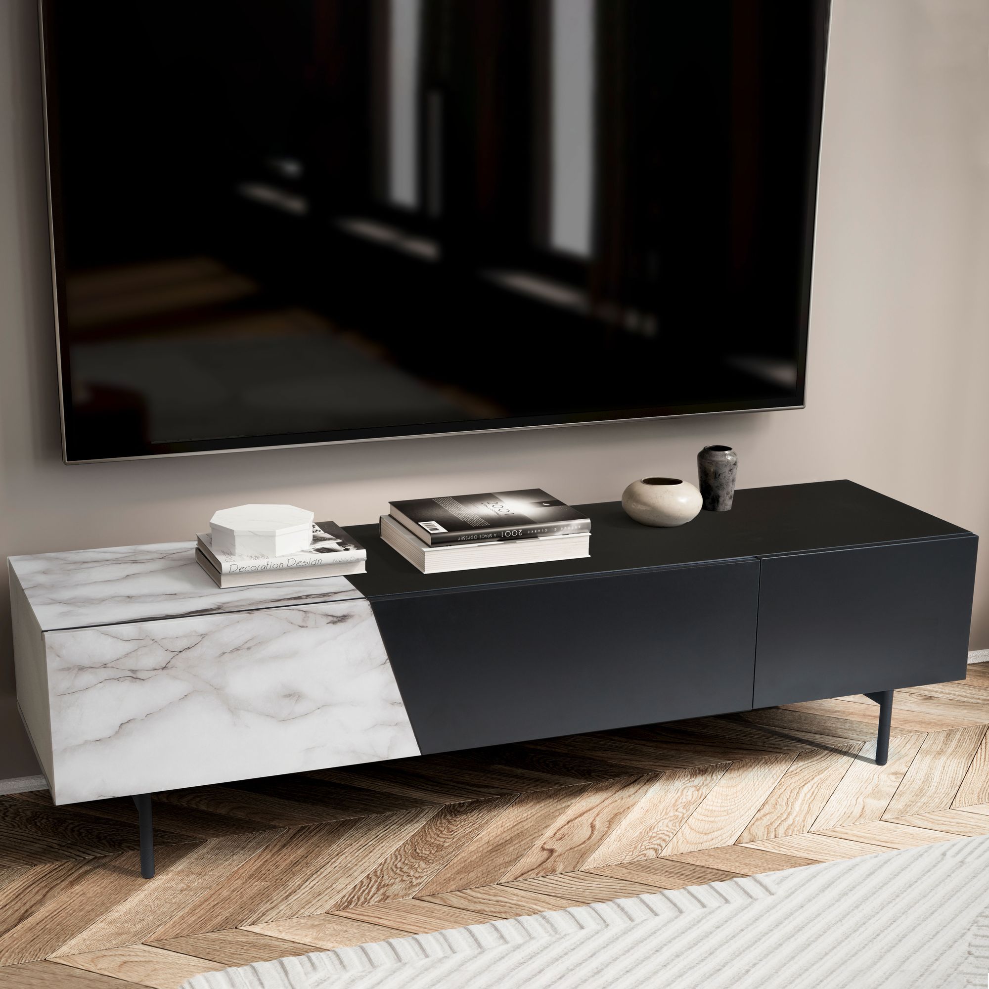 Lavt Tv-bord   Sort Med Marmordekor   Hvid 150x40x40 Cm