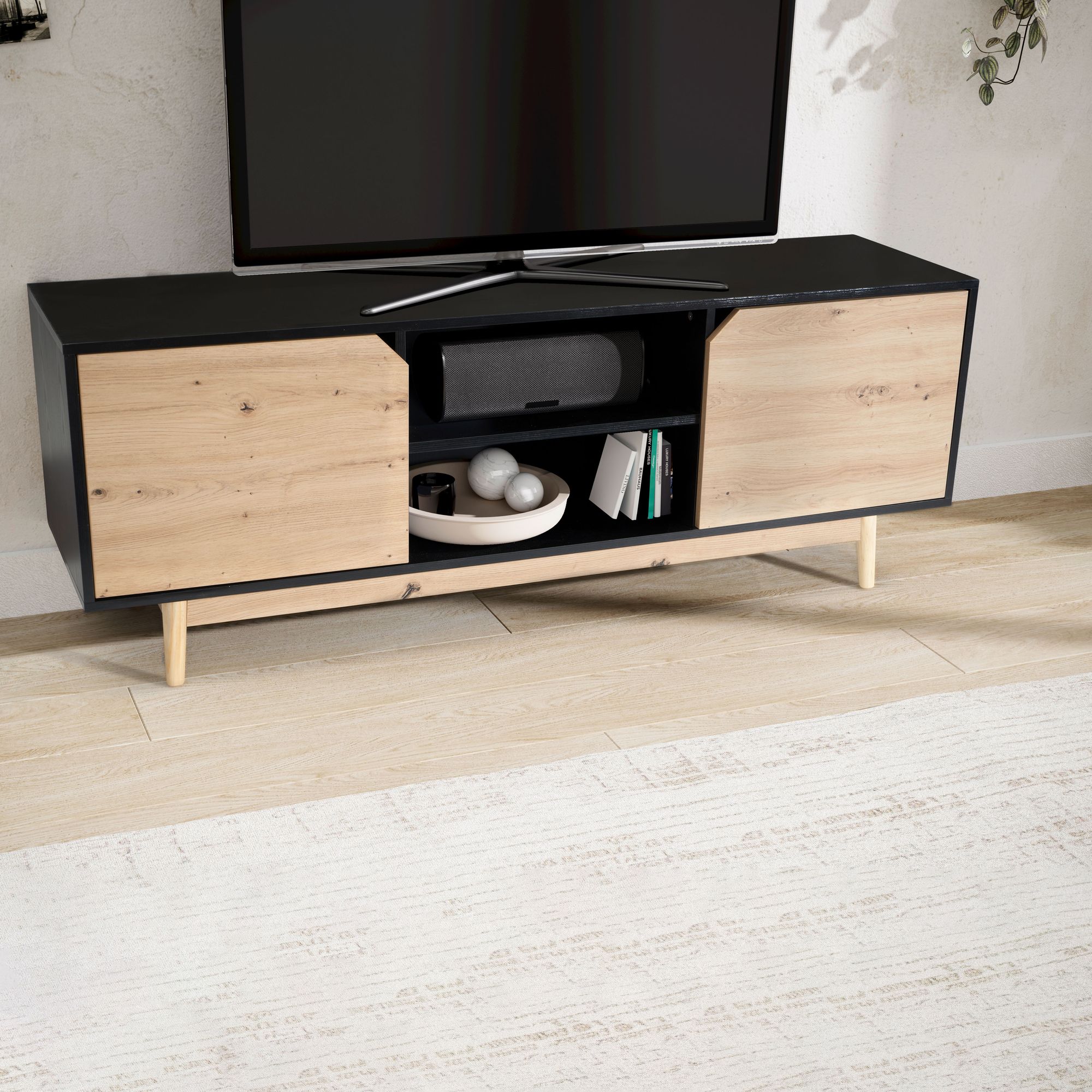 Lavt Tv-bord   Kommode   Sort Og Egedekor 150x55x40 Cm