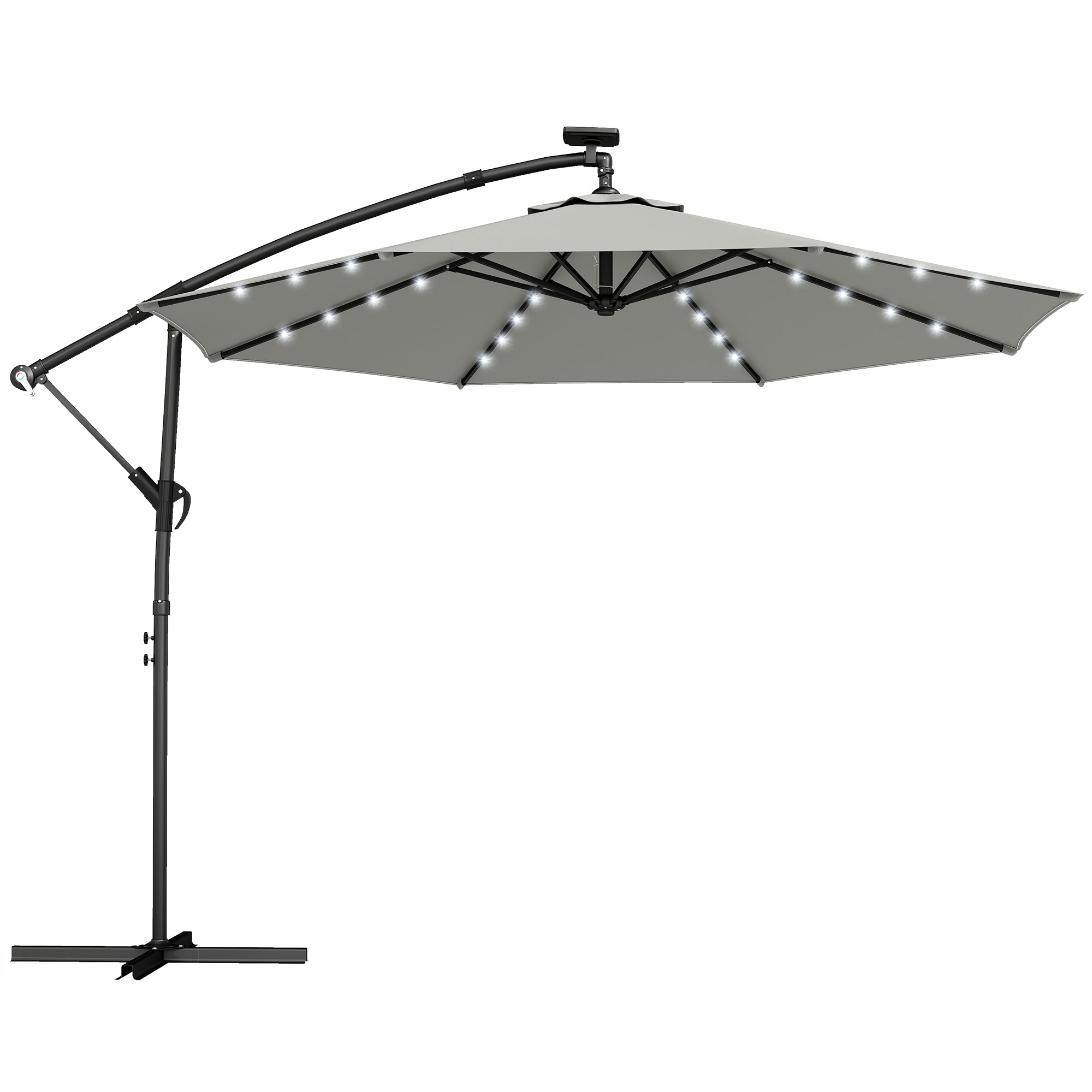 Led Solcelledrevet Parasol  Ca  ø300 Cm  Drejelig  Med Håndsving  Beskyttelsesovertræk  Lysegrå