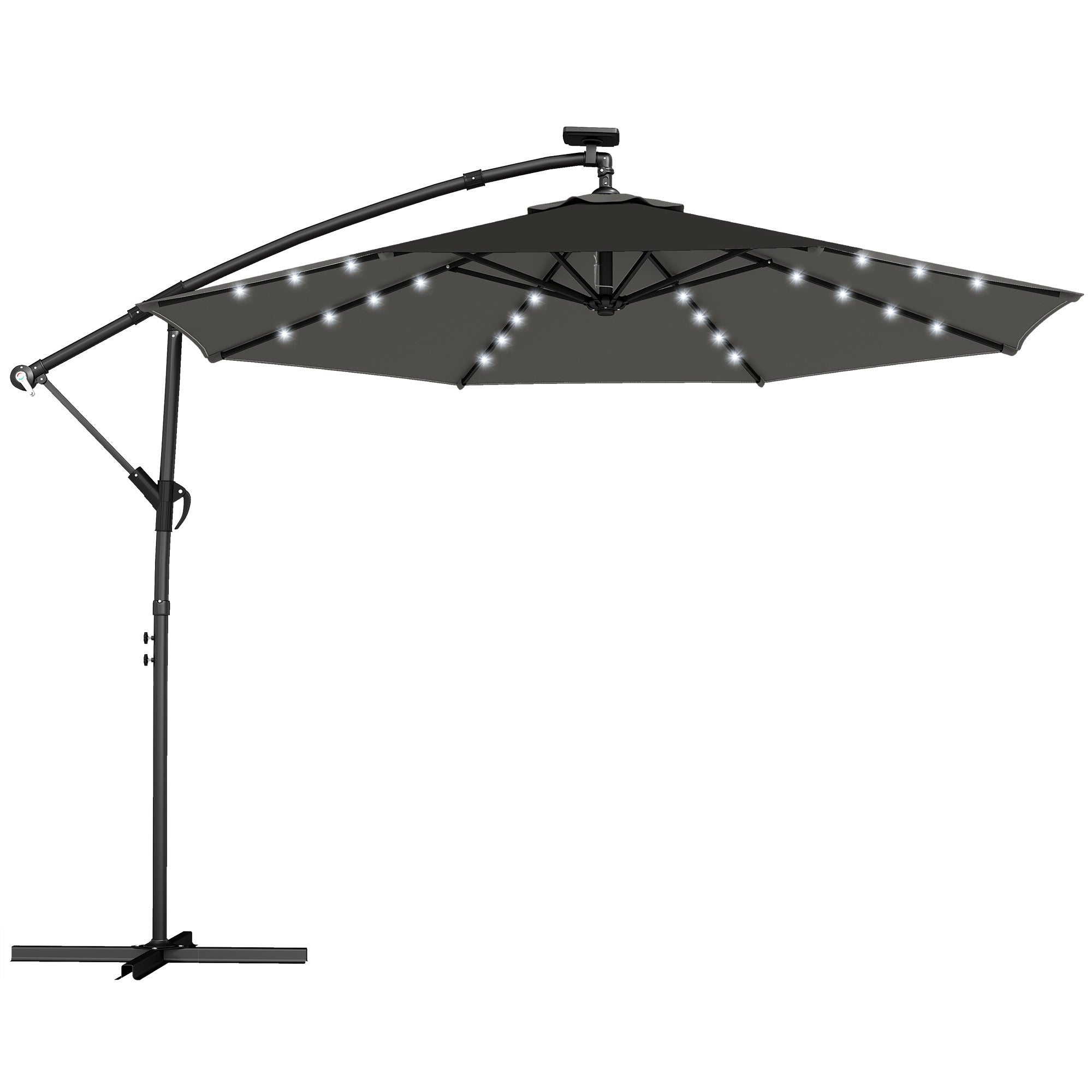 Led Solcelledrevet Parasol  Ca  ø300 Cm  Drejelig  Med Håndsving  Beskyttelsesovertræk  Mørkegrå