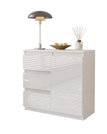Mikel Kommode Med   Skuffer Mat Hvid   Højglans Hvidâ H75cm B80cm D35cm