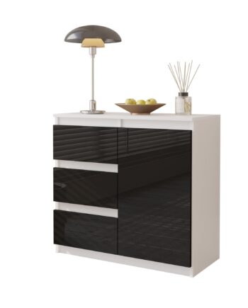 Mikel Kommode Med   Skuffer Mat Hvid   Højglans Sortâ H75cm B80cm D35cm