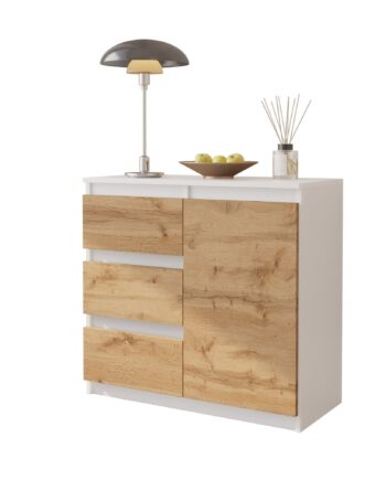 Mikel Kommode Med   Skuffer -  Mat Hvid   Naturfarvet H75cm B80cm D35cm