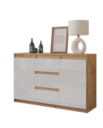 Mikel Kommode Med   Skuffer Naturfarvet   Højglans Hvid H75cm B120cm D35cm