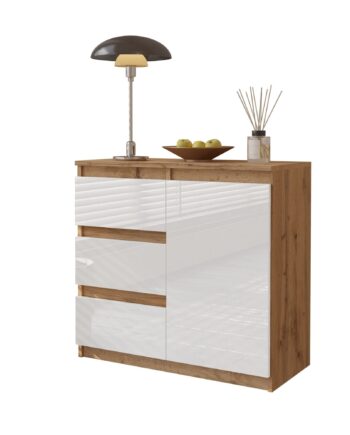 Mikel Kommode Med   Skuffer Naturfarvet   Højglans Hvid H75cm B80cm D35cm