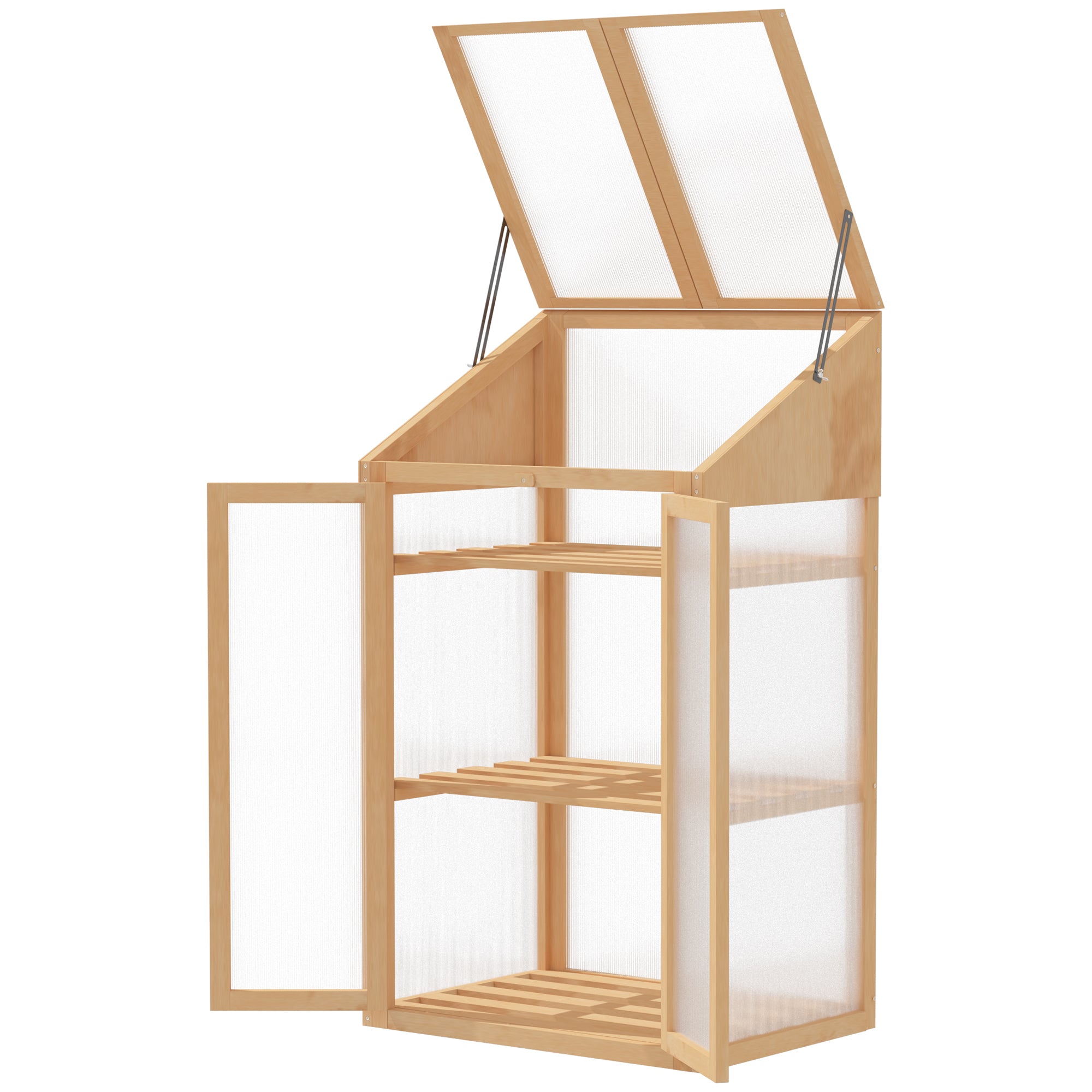 Mini Drivhus  Lille Drivhus Med Træramme  Vindue Og Dobbeltdør    Hylder  70l   50b   120h Cm  Brun
