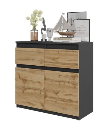 Noah Kommode Med   Skuffer Antracit-grå   Naturfarvet H75cm B80cm D35cm