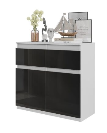 Noah Kommode Med   Skuffer Mat Hvid   Højglans Sortâ H75cm B80cm D35cm