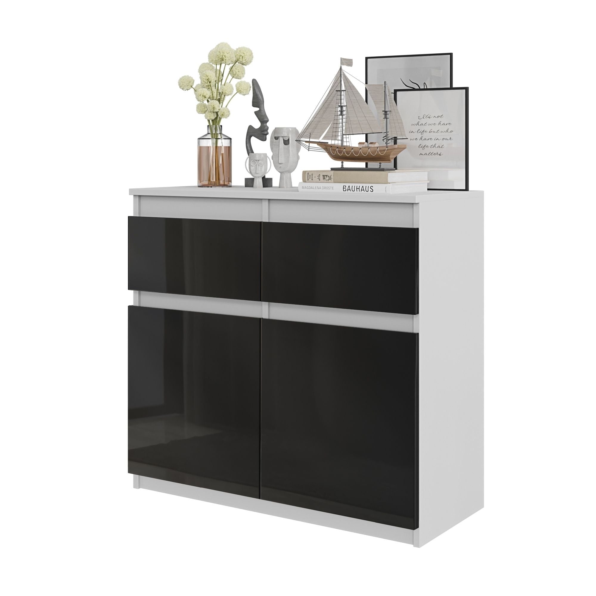 Noah Kommode Med Skuffer Mat Hvid Højglans Sortâ H75cm B80cm D35cm