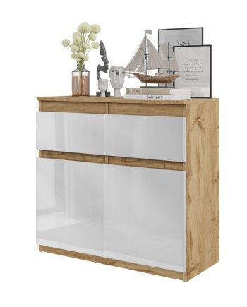 Noah Kommode Med   Skuffer Naturfarvet   Højglans Hvid H75cm B80cm D35cm