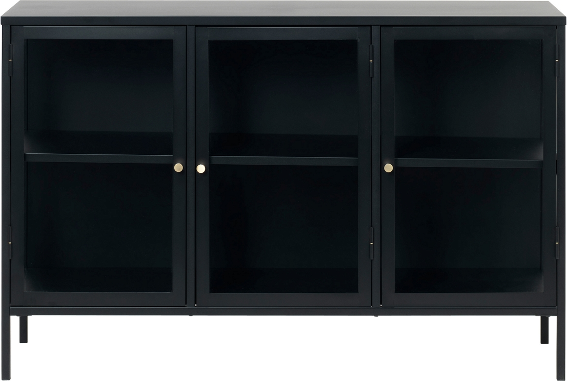 Nordique Design Carmel  -dørs Skænk  Sort Metal Og Hærnet Glas Med Gyldne Håndtag  H85ã B132 Cm
