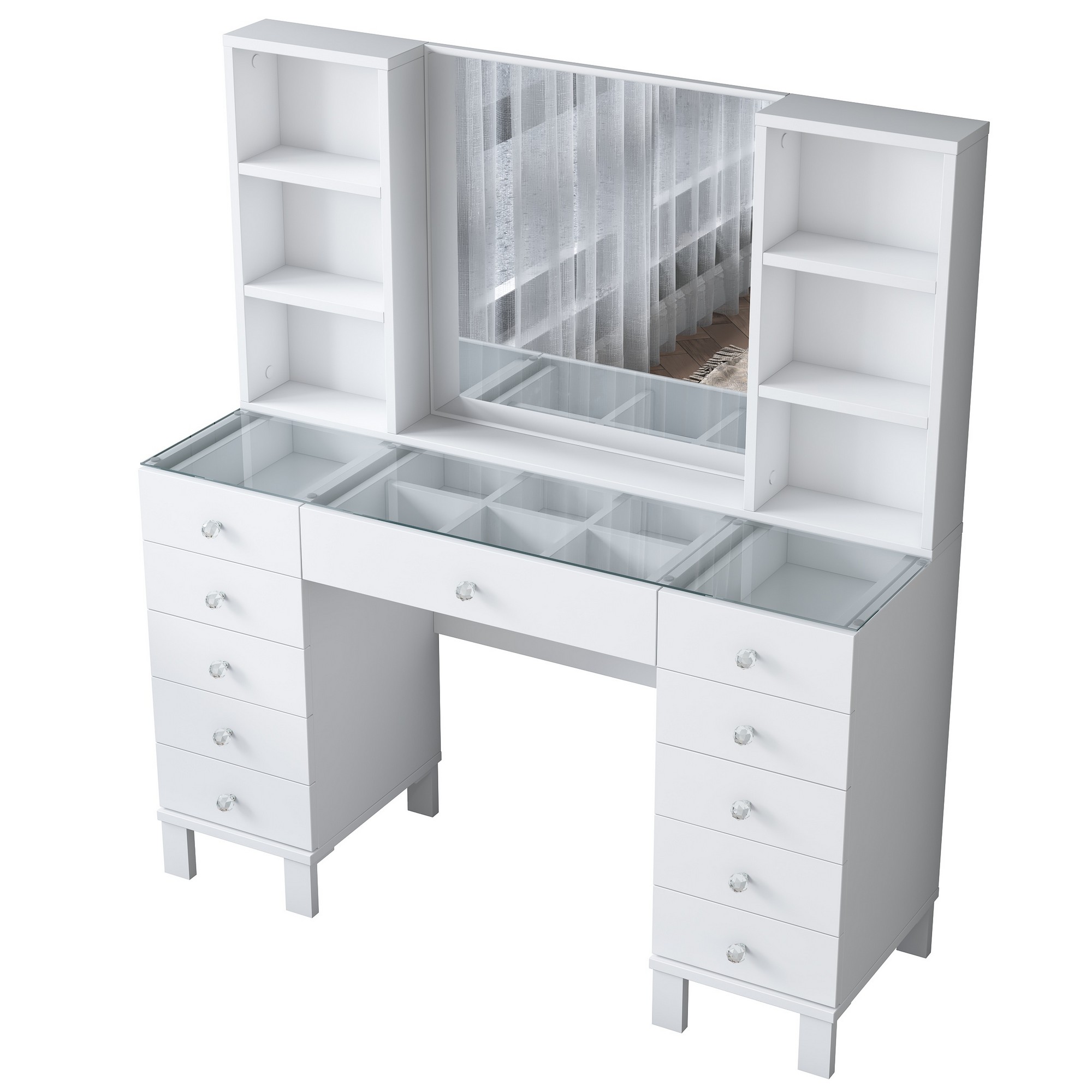 Nordvärk Bj136 3846 Makeup Bord     Spejl    Hylder Og 11 Skuffer Hvid Melamin  120x40